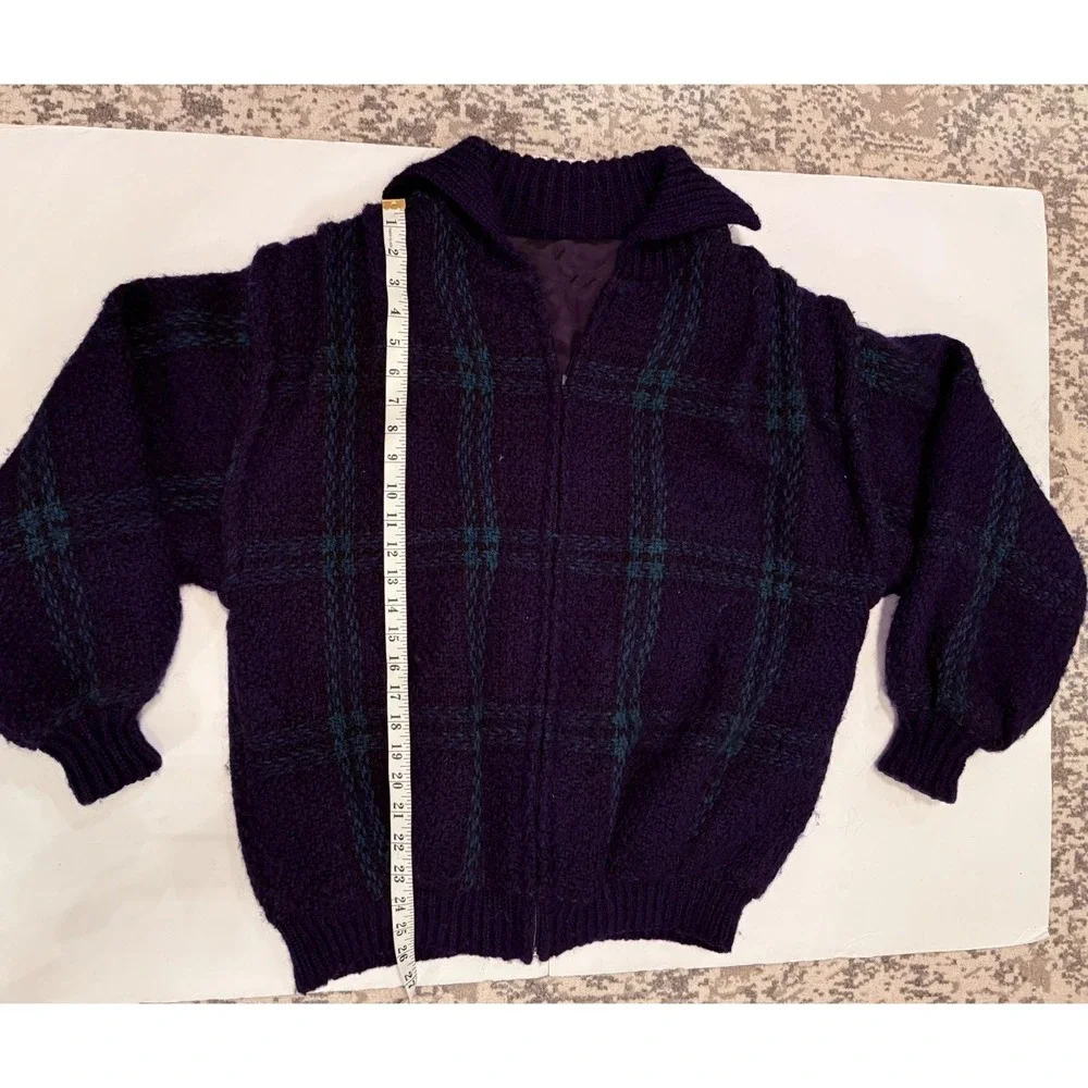 Branigan Weavers Wool Sweater M Green Blue Plaid Full Zip Ireland Vintage Knit